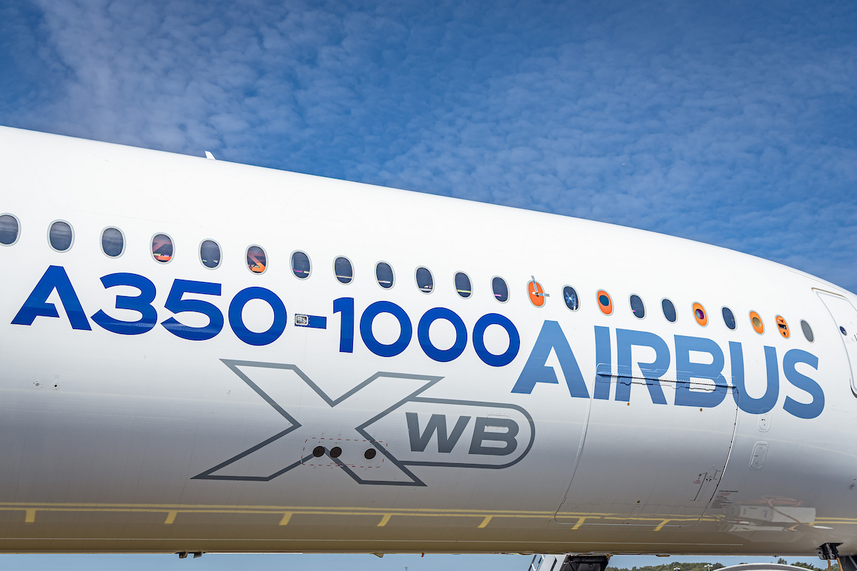 An Airbus A350-1000 test aircraft on display at Farnborough.