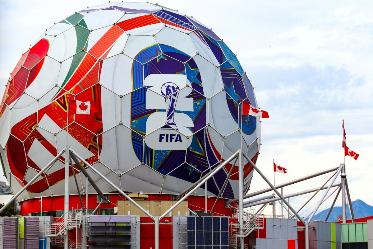 The Vancouver Science World geodesic sphere wrapped as a giant soccer ball for the FIFA World Cup 2026.