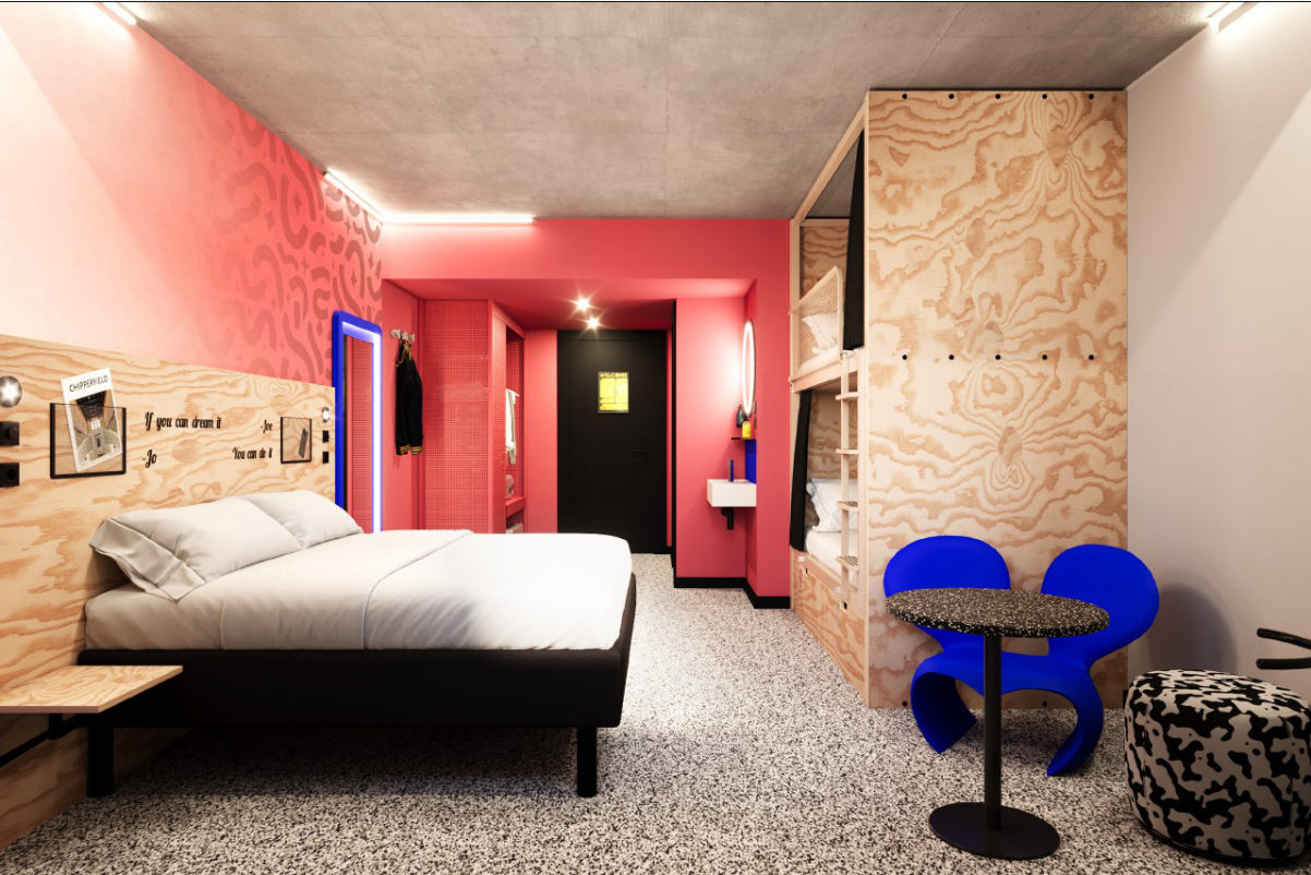 a room at a planned Jo&Joe hybrid hospitality project