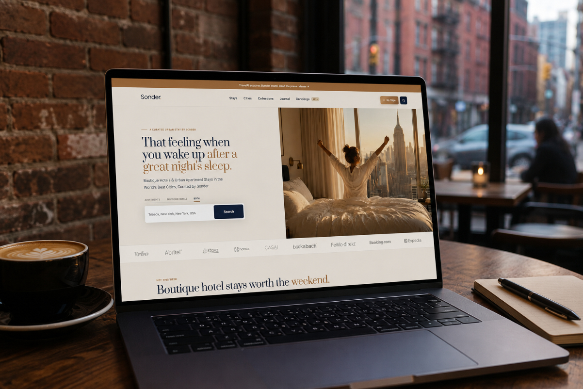 image of the homepage of a website called Sonder with hotel listings on a laptop in a cafe